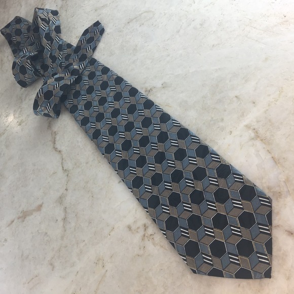 GEOMETRIC BLACK GRAY TAN NECKTIE - Picture 2 of 6